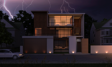 lightening storm above modern house with lights on